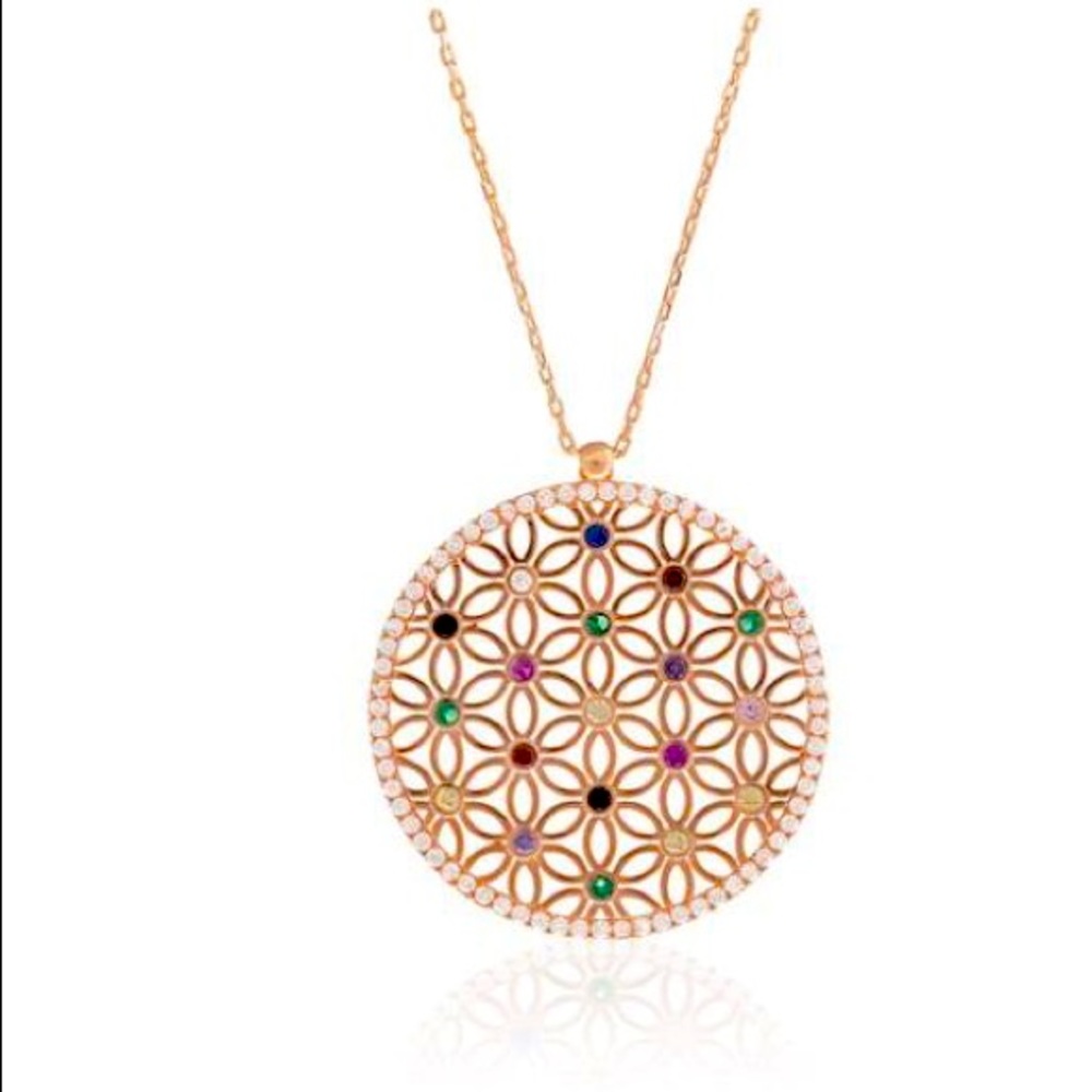Flower of Life 925 Rose Gold Plated 925 Silver Pendant Necklace w/ Stones
